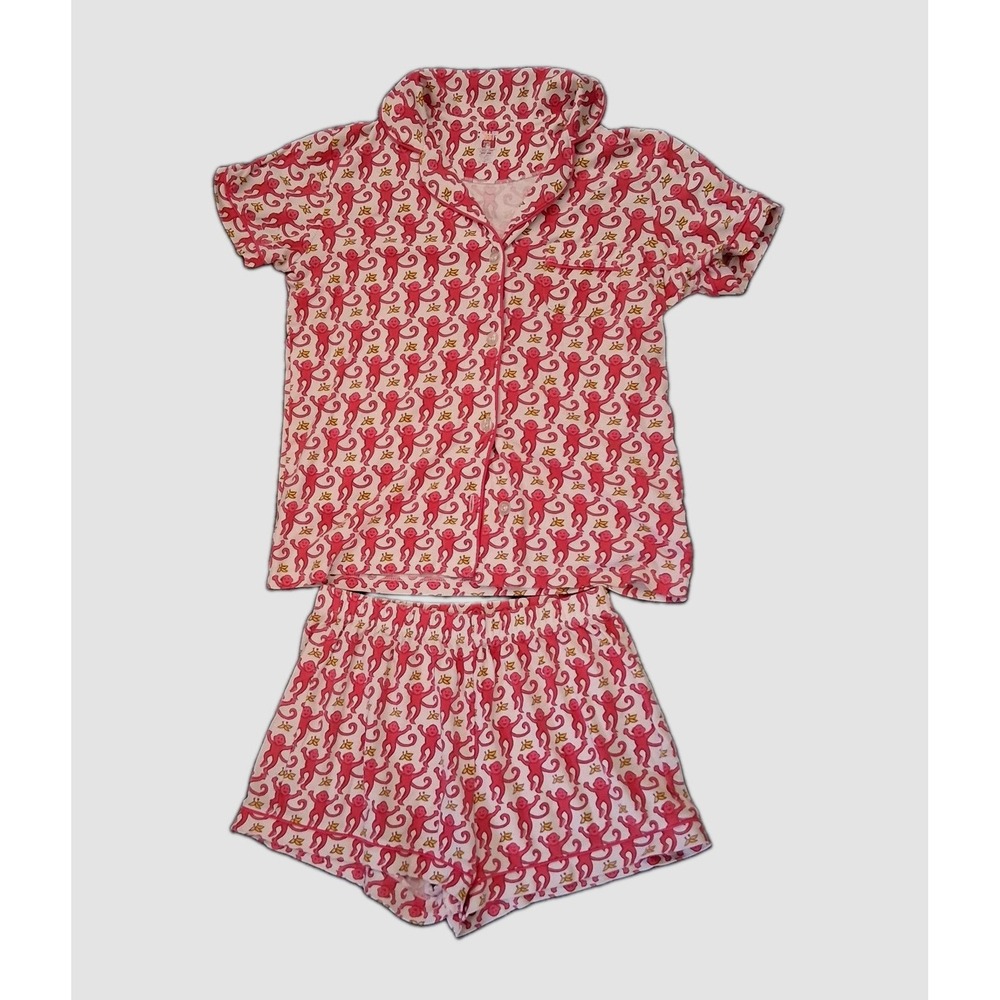 Roller Rabbit Pajama Set Womens XS Monkey Pima Cotton Button Up Shorts Natural